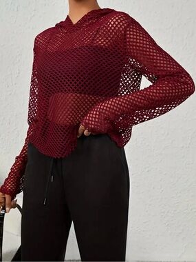 Burgundy Red Fishnet Long Sleeve Hoodie